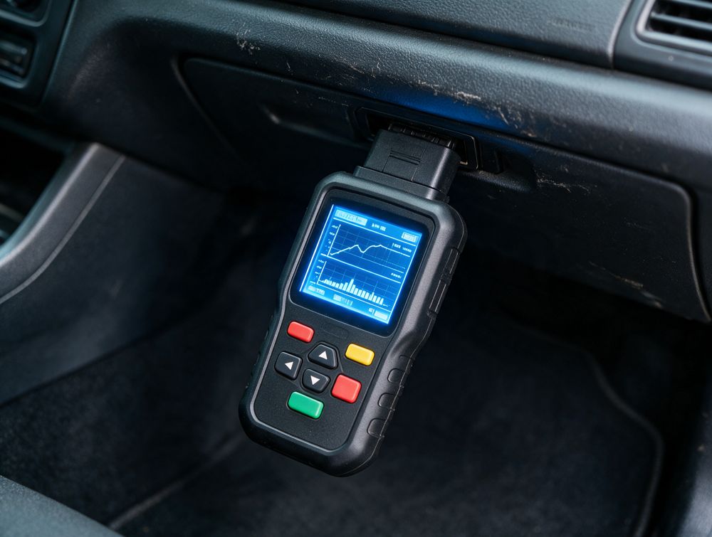 A diagnostic scanner plugged into a car's diagnostic port