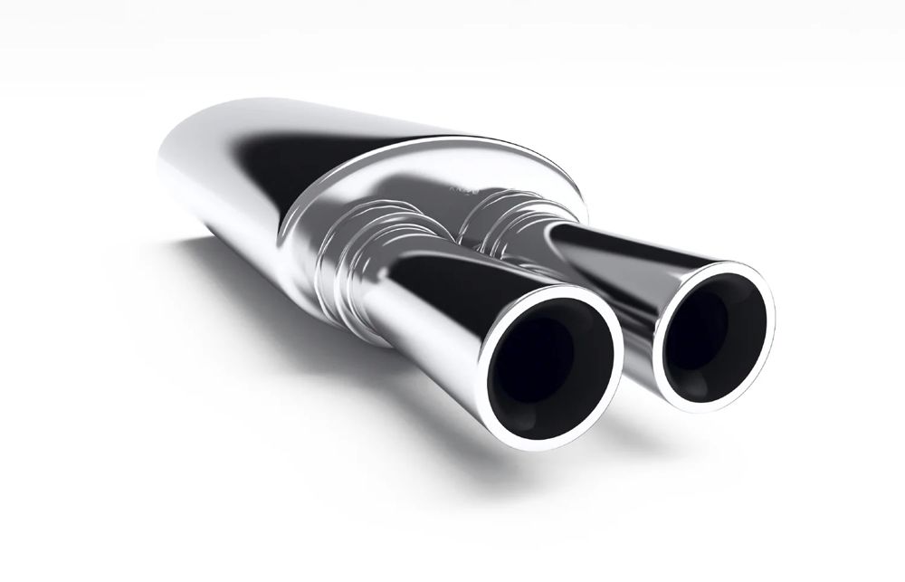 A chrome twin-pipe exhaust