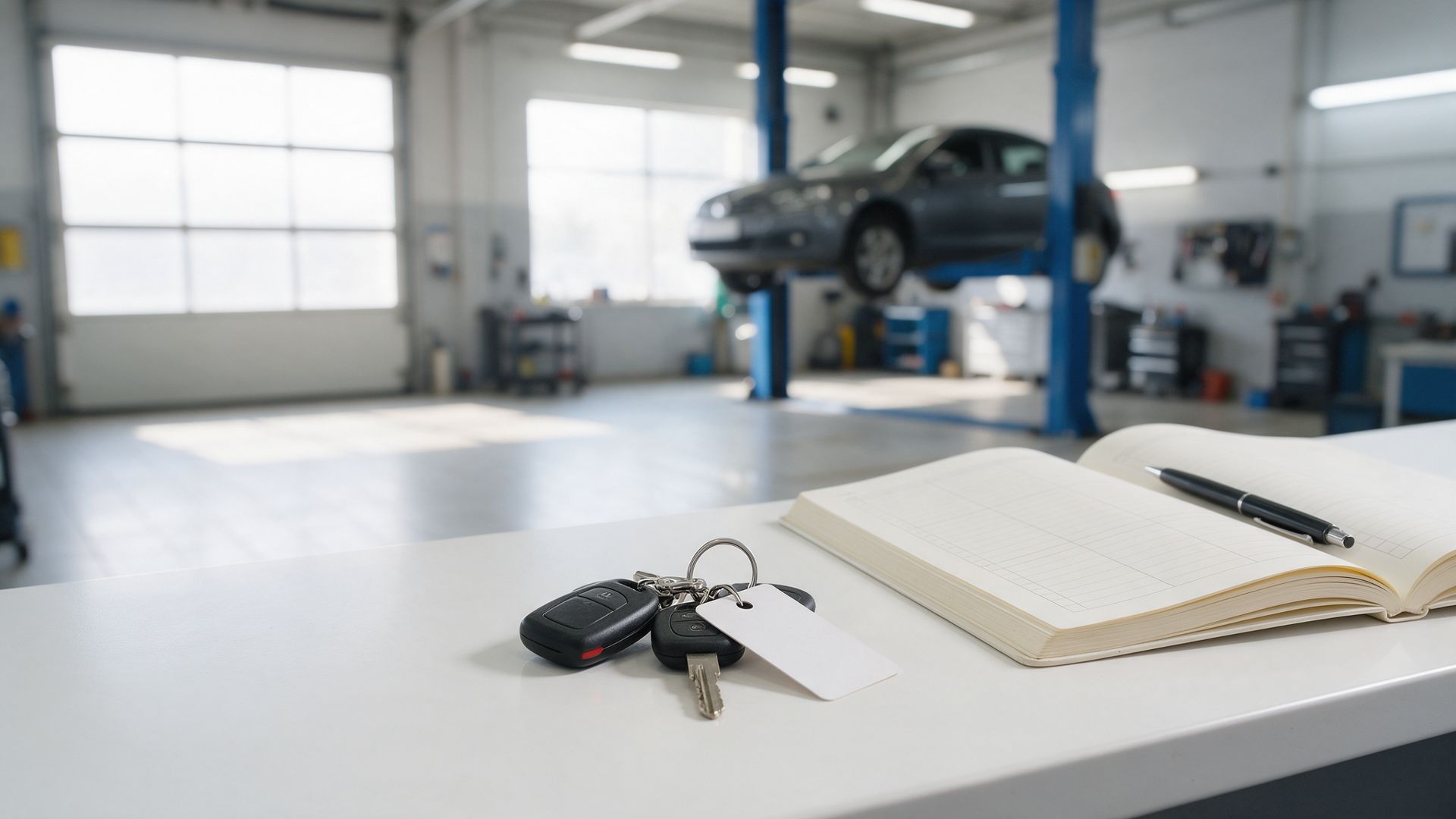 Car keys on a garage reception counter beside an appointment diary