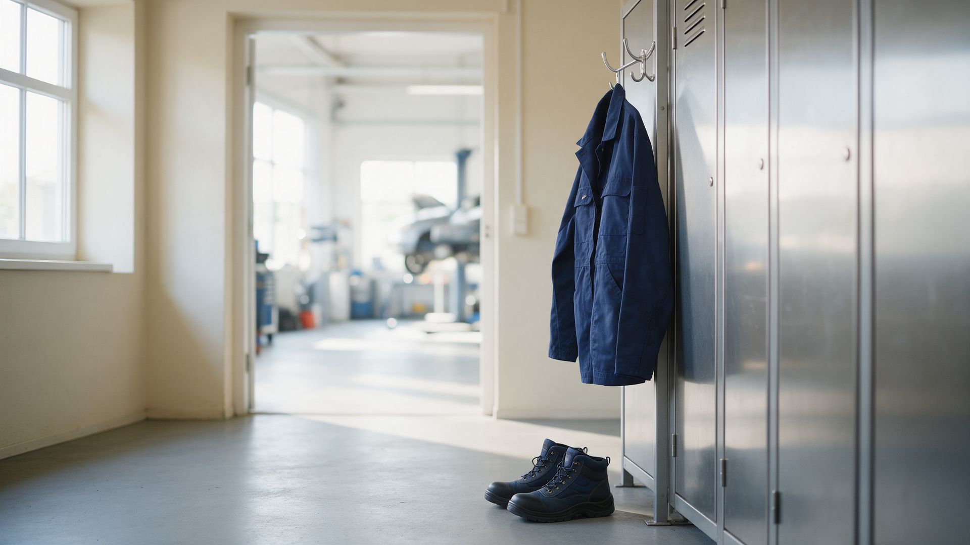 A navy work overall hanging beside lockers in a garage staff area