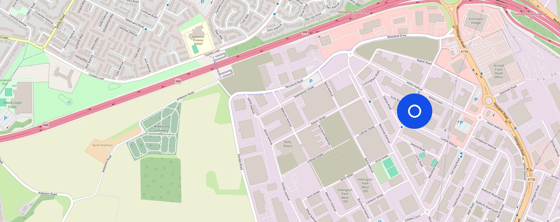 Street map of Hillington around Huntly Road, G52 4DZ