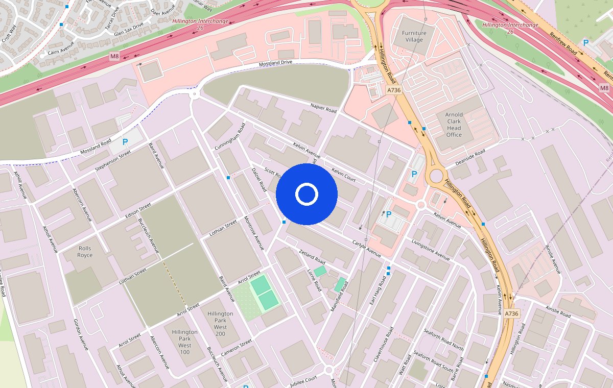 Street map of Hillington showing Huntly Road and the G52 4DZ postcode, near the M8 Hillington Interchange